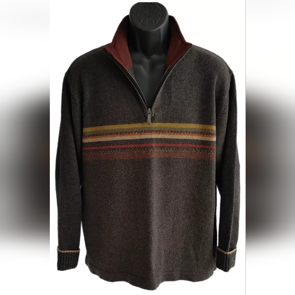 Columbia Men's Knit Sweater Gray Striped Wool Blend 1/4 Zip Long Sleeve Sz XL